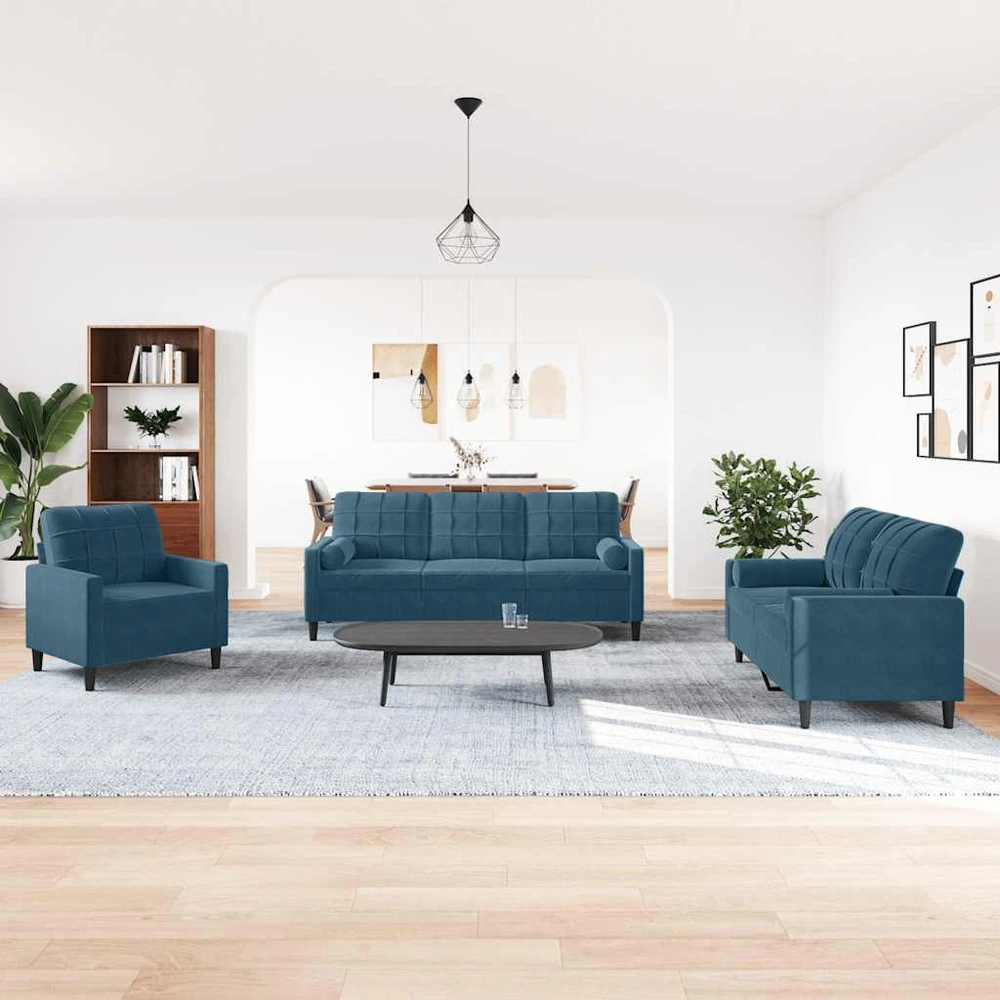 Sofa Sofos komplektas su pagalvėlėmis, 3 dalių, mėlynas, aksomas