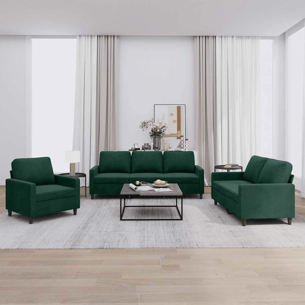 Sofa Sofos komplektas su pagalvėlėmis, 3 dalių, žalias, aksomas