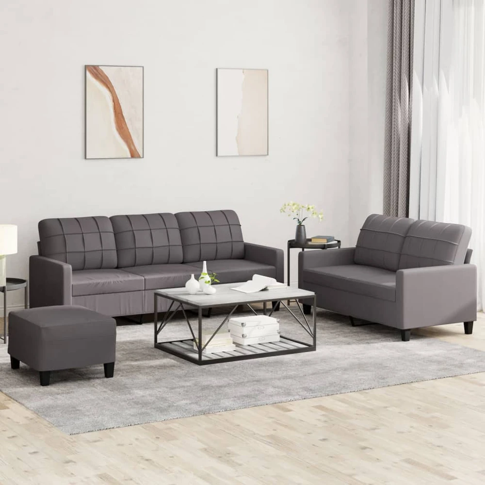 Sofa Sofos komplektas su pagalvėlėmis, 3 dalių, pilkas, dirbtinė oda