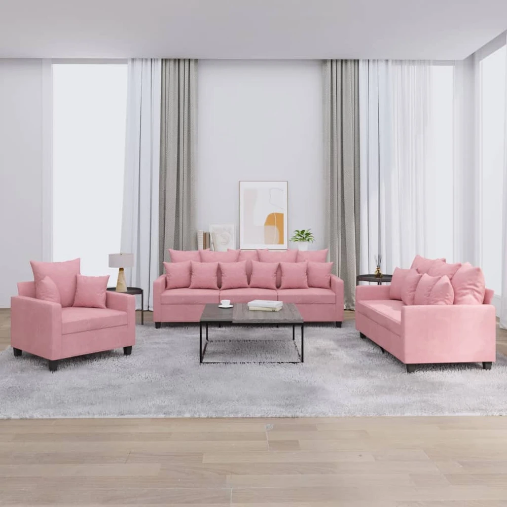 Sofa Sofos komplektas su pagalvėlėmis, 3 dalių, rožinis, aksomas
