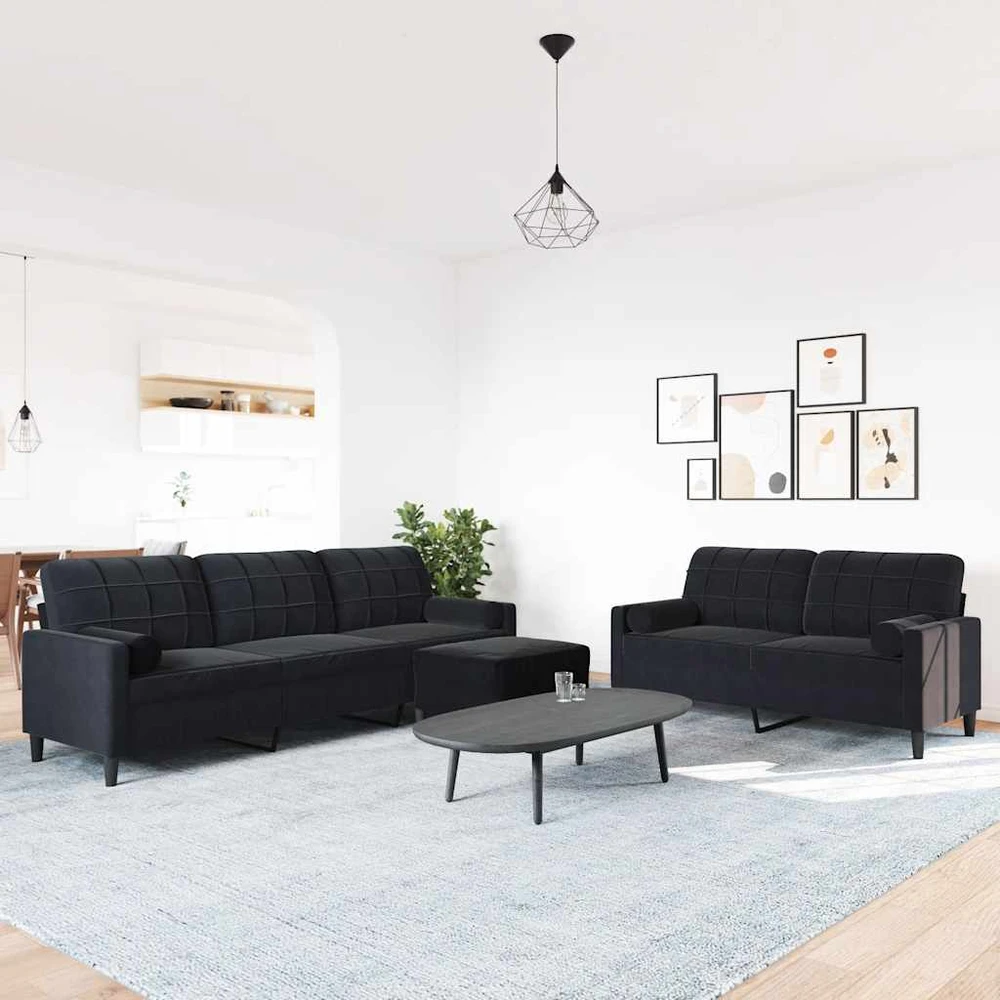Sofa Sofos komplektas su pagalvėlėmis, 3 dalių, juodas, aksomas