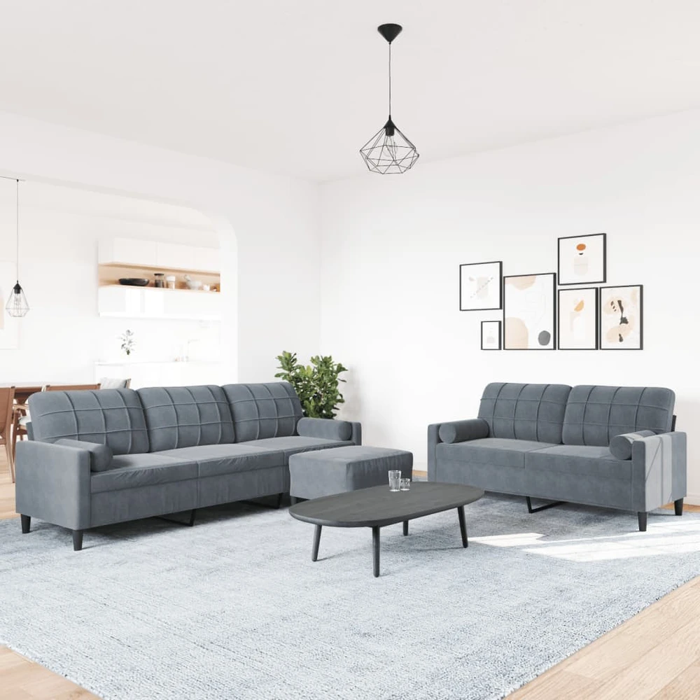 Sofa Sofos komplektas su pagalvėlėmis, 3 dalių, pilkas, aksomas