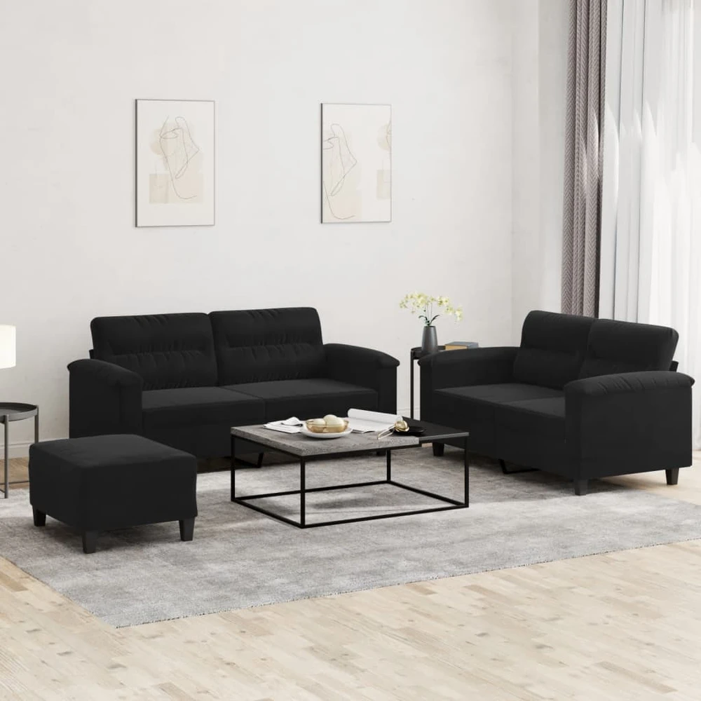 Sofa Sofos komplektas su pagalvėlėmis, 3 dalių, juodas, audinys