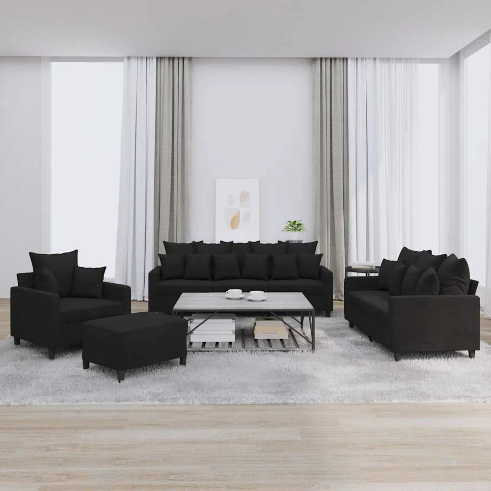Sofa Sofos komplektas su pagalvėlėmis, 4 dalių, juodas, aksomas