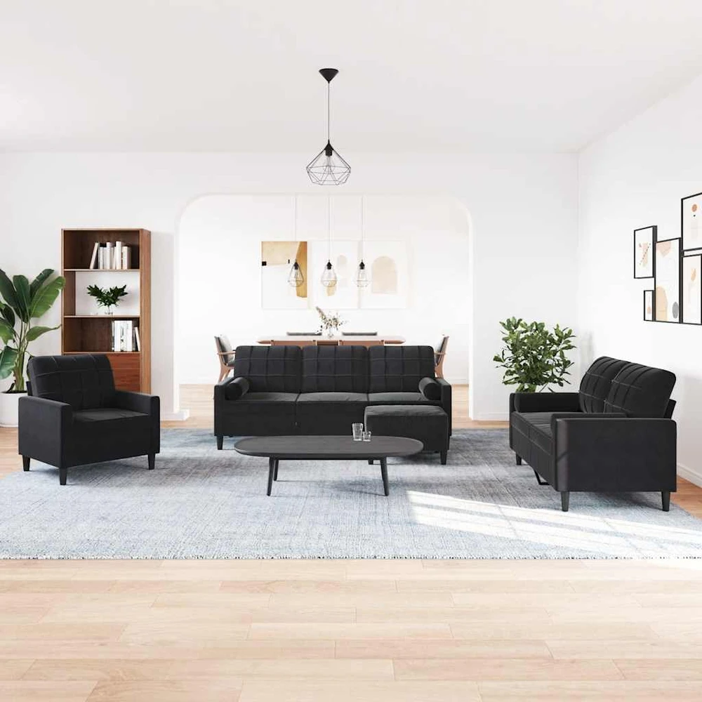 Sofa Sofos komplektas su pagalvėlėmis, 4 dalių, juodas, aksomas
