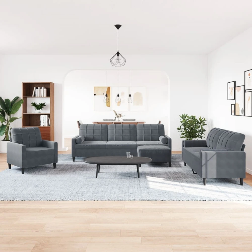 Sofa Sofos komplektas su pagalvėlėmis, 4 dalių, pilkas, aksomas