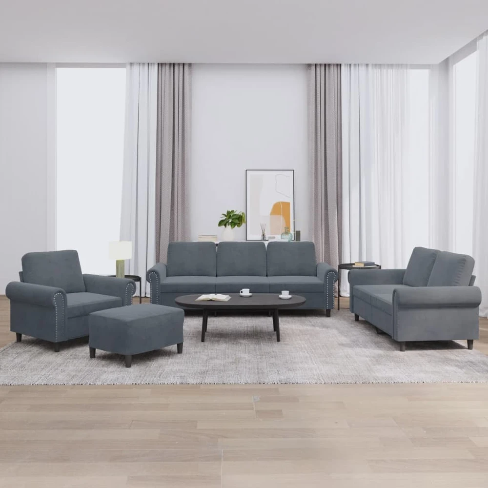 Sofa Sofos komplektas su pagalvėlėmis, 4 dalių, pilkas, aksomas