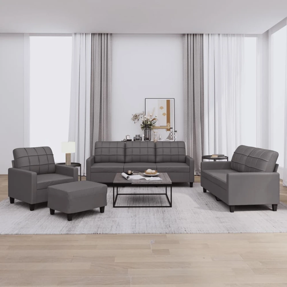 Sofa Sofos komplektas su pagalvėlėmis, 4 dalių, pilkas, dirbtinė oda
