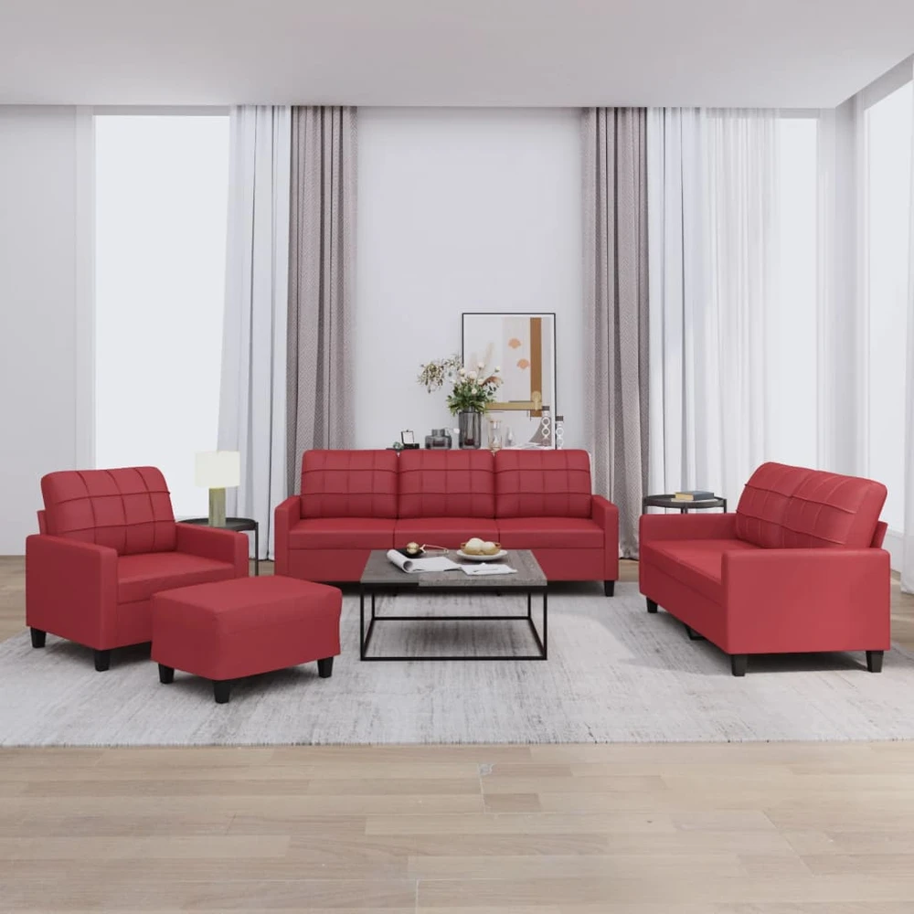 Sofa Sofos komplektas su pagalvėlėmis, 4 dalių, vyno, dirbtinė oda