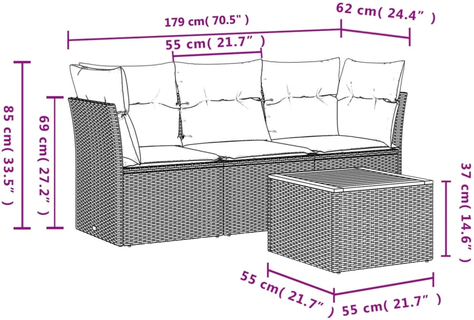 Sofa Sofos komplektas su pagalvėlėmis, 4 dalių, smėlio, poliratanas