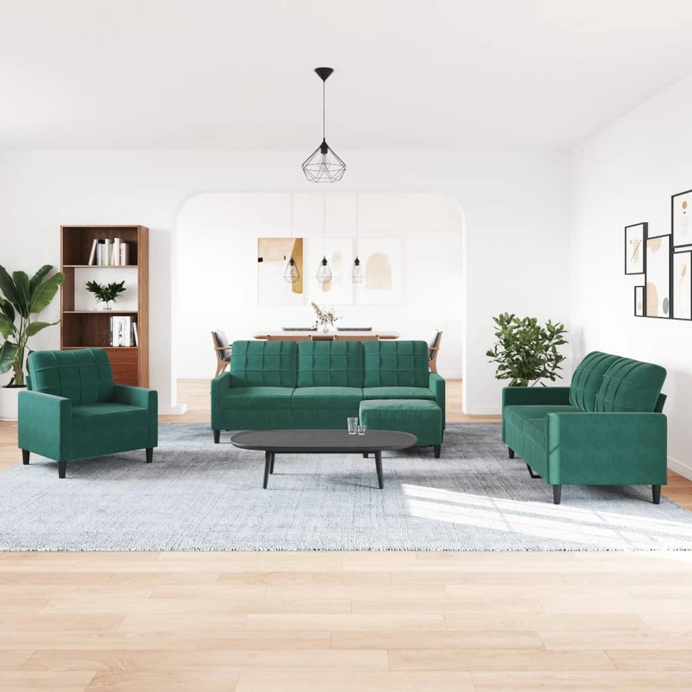 Sofa Sofos komplektas su pagalvėlėmis, 4 dalių, žalias, aksomas