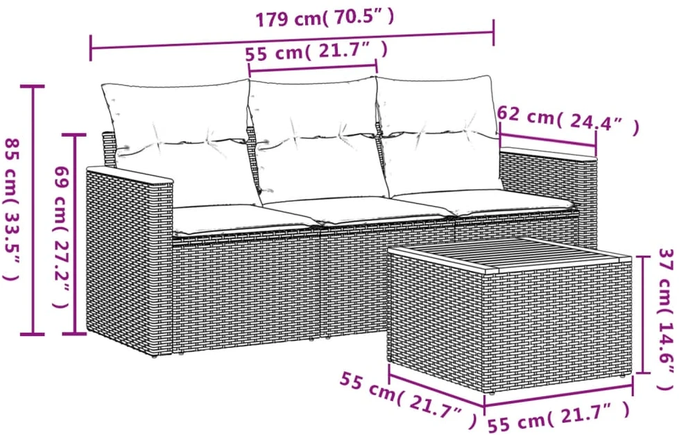 Sofa Sofos komplektas su pagalvėlėmis, 4 dalių, smėlio, poliratanas