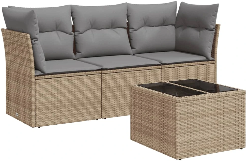 Sofa Sofos komplektas su pagalvėlėmis, 4 dalių, smėlio, poliratanas
