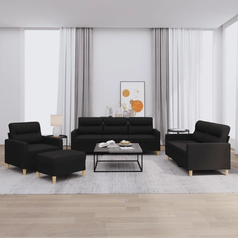 Sofa Sofos komplektas su pagalvėlėmis, 4 dalių, juodas, audinys