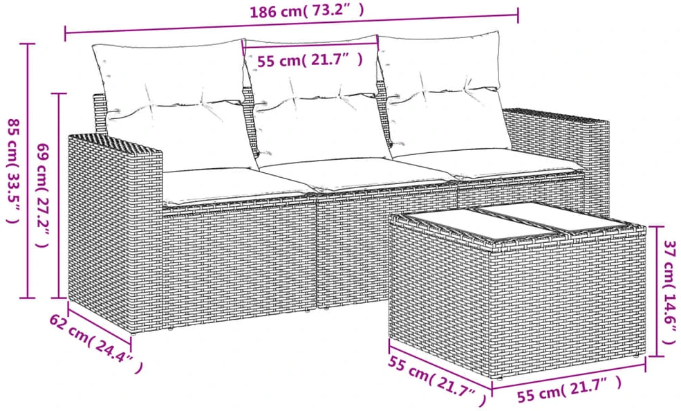 Sofa Sofos komplektas su pagalvėlėmis, 4 dalių, smėlio, poliratanas