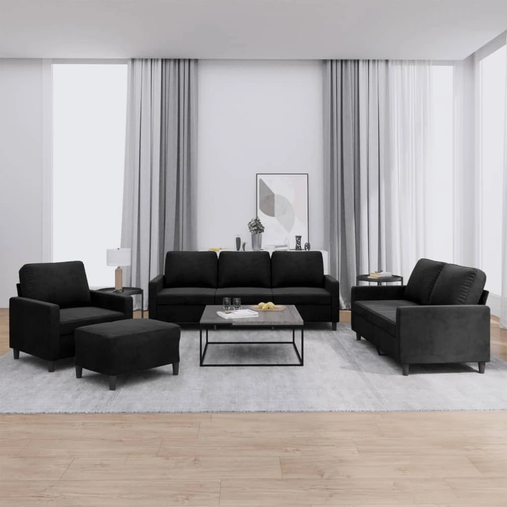 Sofa Sofos komplektas su pagalvėlėmis, 4 dalių, juodas, aksomas