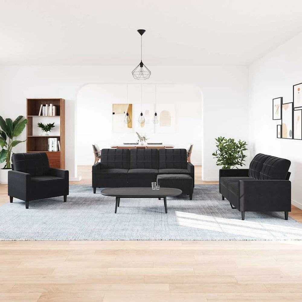 Sofa Sofos komplektas su pagalvėlėmis, 4 dalių, juodas, aksomas