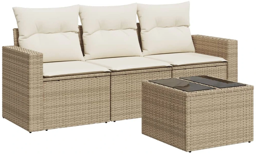 Sofa Sofos komplektas su pagalvėlėmis, 4 dalių, smėlio, poliratanas