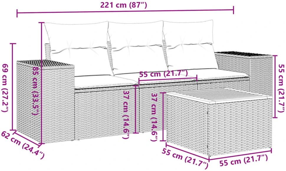 Sofa Sofos komplektas su pagalvėlėmis, 4 dalių, smėlio, poliratanas