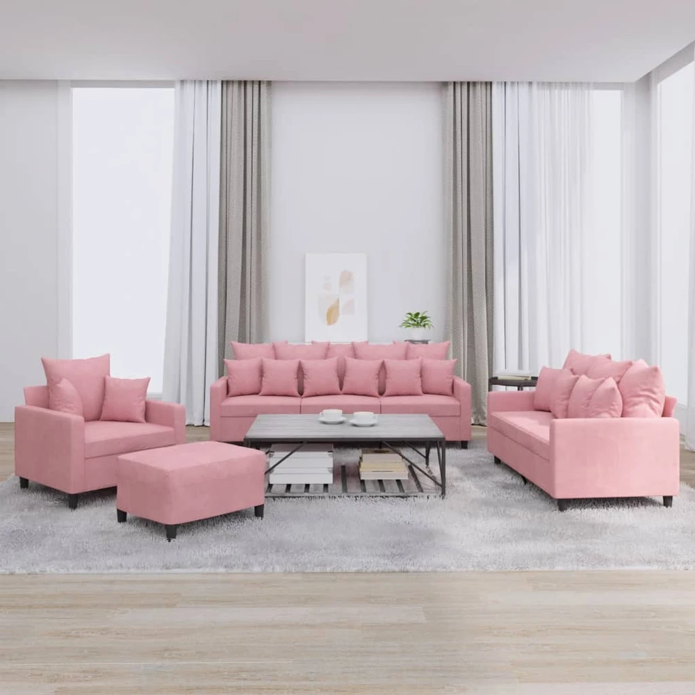 Sofa Sofos komplektas su pagalvėlėmis, 4 dalių, rožinis, aksomas