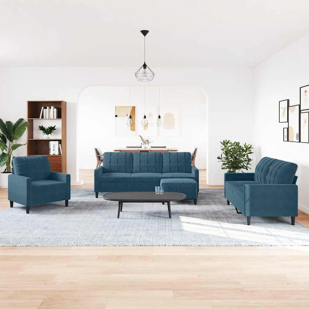 Sofa Sofos komplektas su pagalvėlėmis, 4 dalių, mėlynas, aksomas