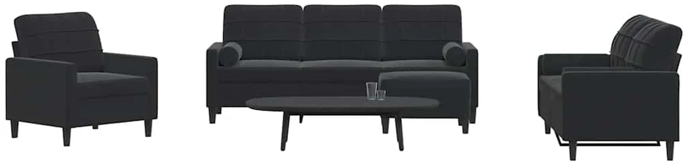 Sofa Sofos komplektas su pagalvėlėmis, 4 dalių, juodas, aksomas