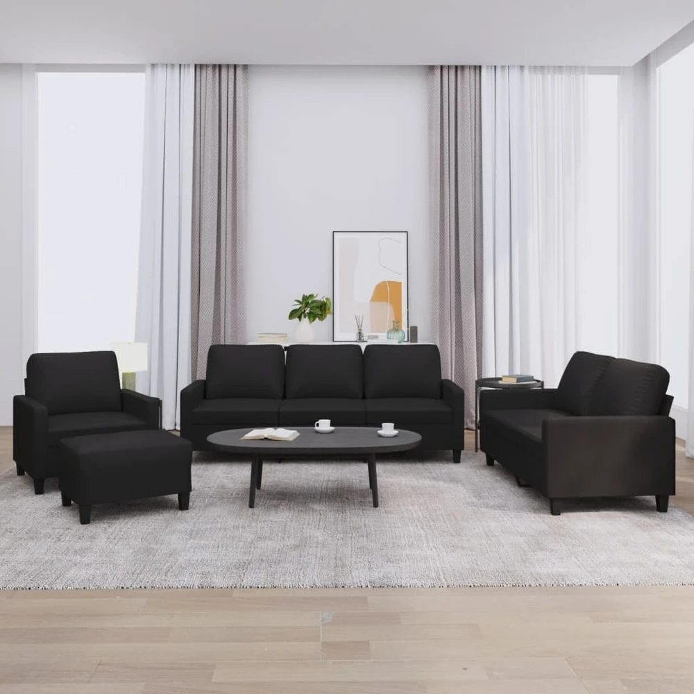 Sofa Sofos komplektas su pagalvėlėmis, 4 dalių, juodas, dirbtinė oda