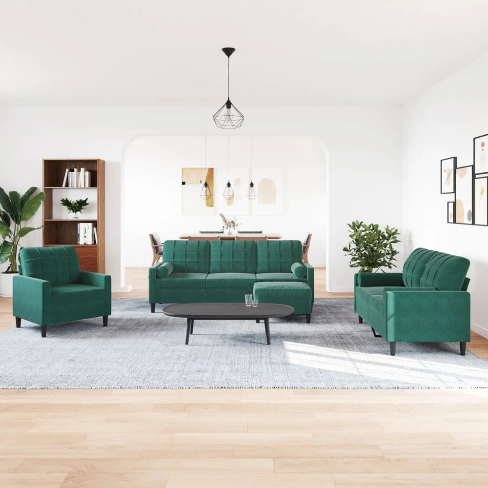Sofa Sofos komplektas su pagalvėlėmis, 4 dalių, žalias, aksomas