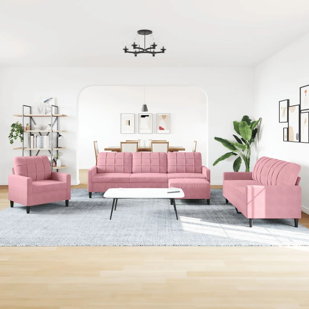 Sofa Sofos komplektas su pagalvėlėmis, 4 dalių, rožinis, aksomas
