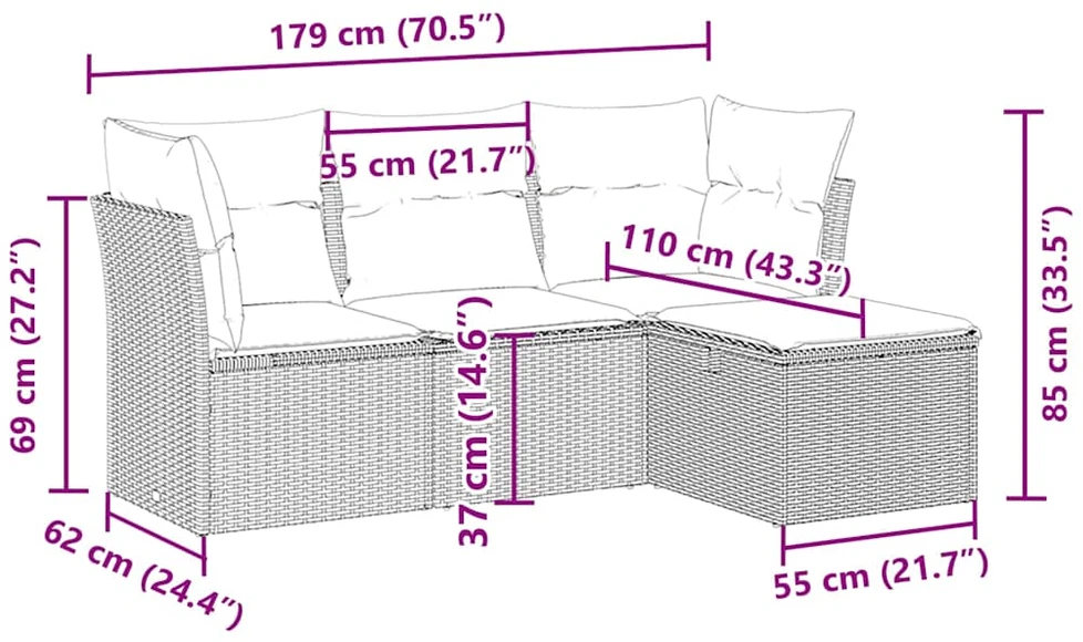 Sofa Sofos komplektas su pagalvėlėmis, 4 dalių, pilkas, poliratanas