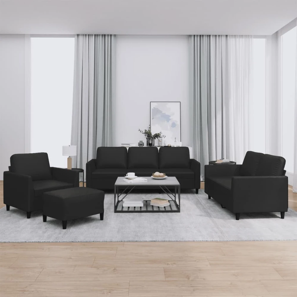 Sofa Sofos komplektas su pagalvėlėmis, 4 dalių, juodas, dirbtinė oda