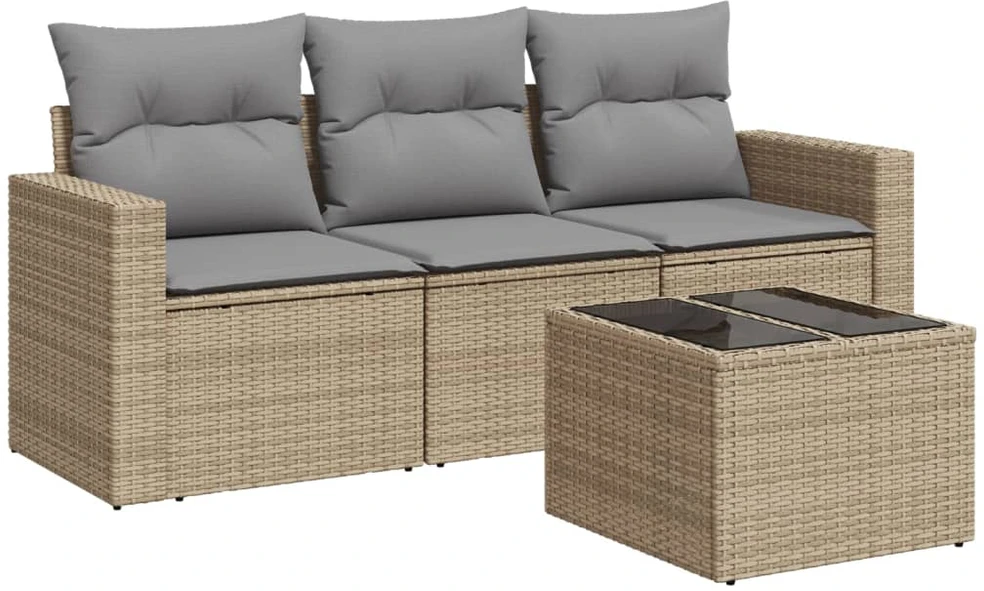 Sofa Sofos komplektas su pagalvėlėmis, 4 dalių, smėlio, poliratanas