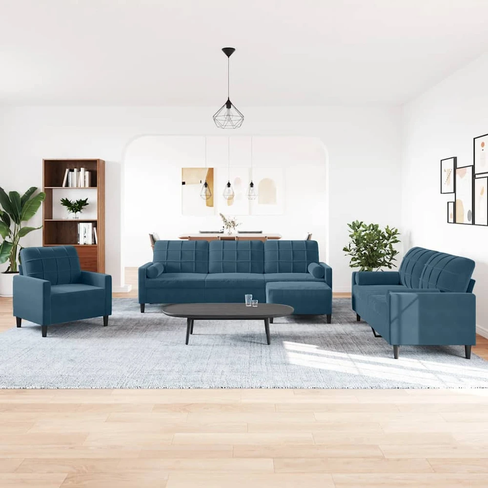 Sofa Sofos komplektas su pagalvėlėmis, 4 dalių, mėlynas, aksomas