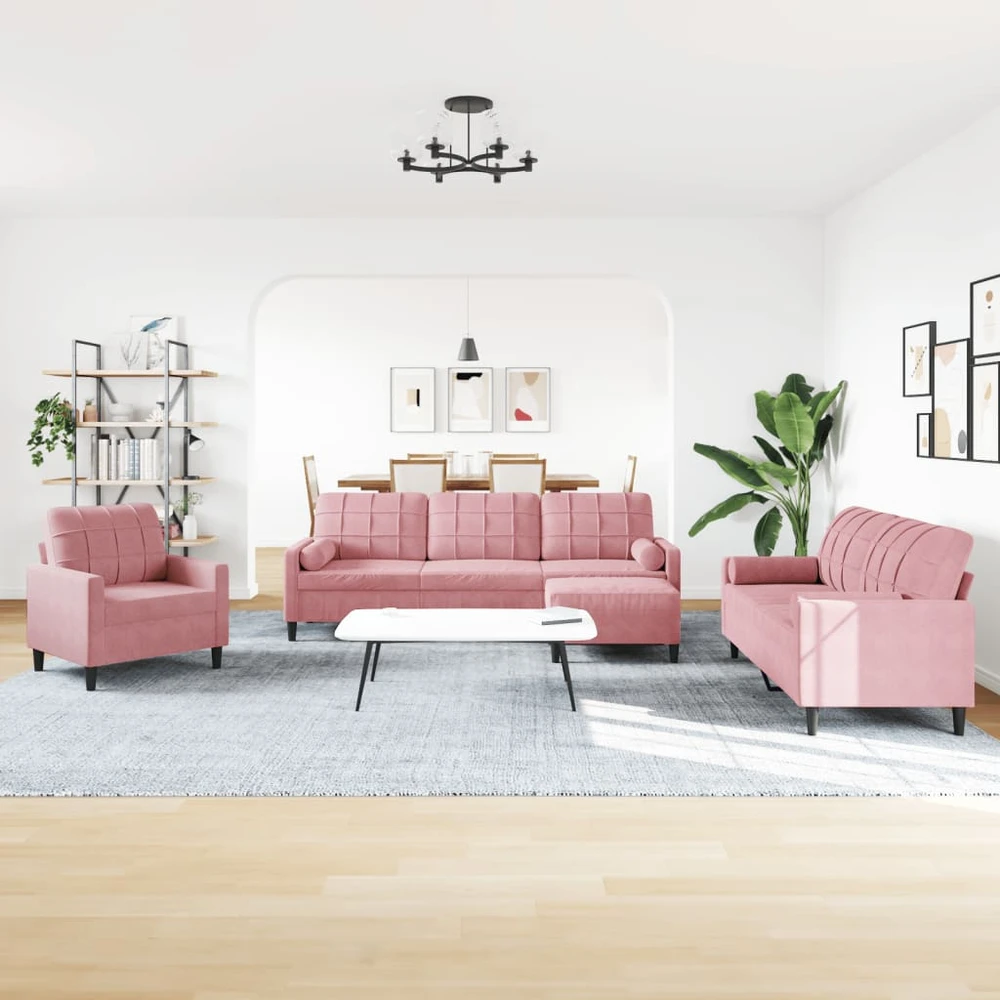 Sofa Sofos komplektas su pagalvėlėmis, 4 dalių, rožinis, aksomas