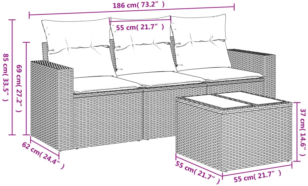 Sofa Sofos komplektas su pagalvėlėmis, 4 dalių, pilkas, poliratanas