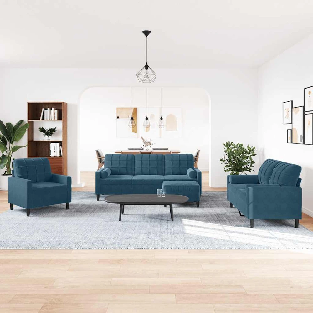 Sofa Sofos komplektas su pagalvėlėmis, 4 dalių, mėlynas, aksomas