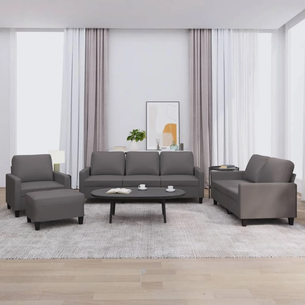 Sofa Sofos komplektas su pagalvėlėmis, 4 dalių, pilkas, dirbtinė oda