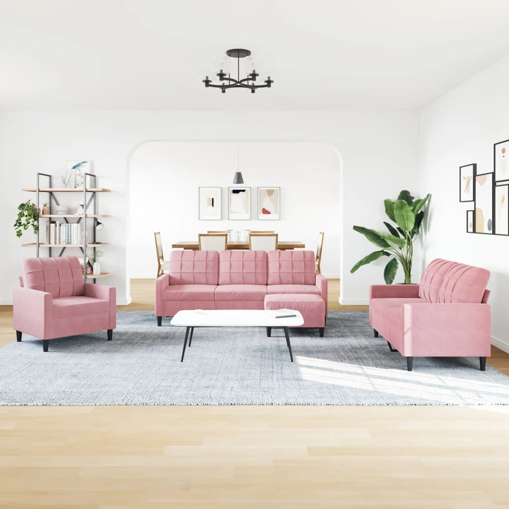 Sofa Sofos komplektas su pagalvėlėmis, 4 dalių, rožinis, aksomas