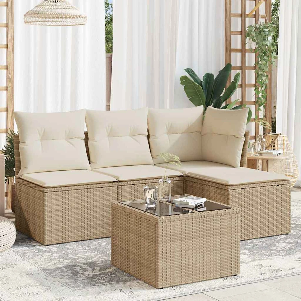 Sofa Sofos komplektas su pagalvėlėmis, 5 dalių, smėlio, poliratanas