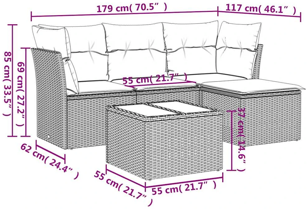 Sofa Sofos komplektas su pagalvėlėmis, 5 dalių, pilkas, poliratanas