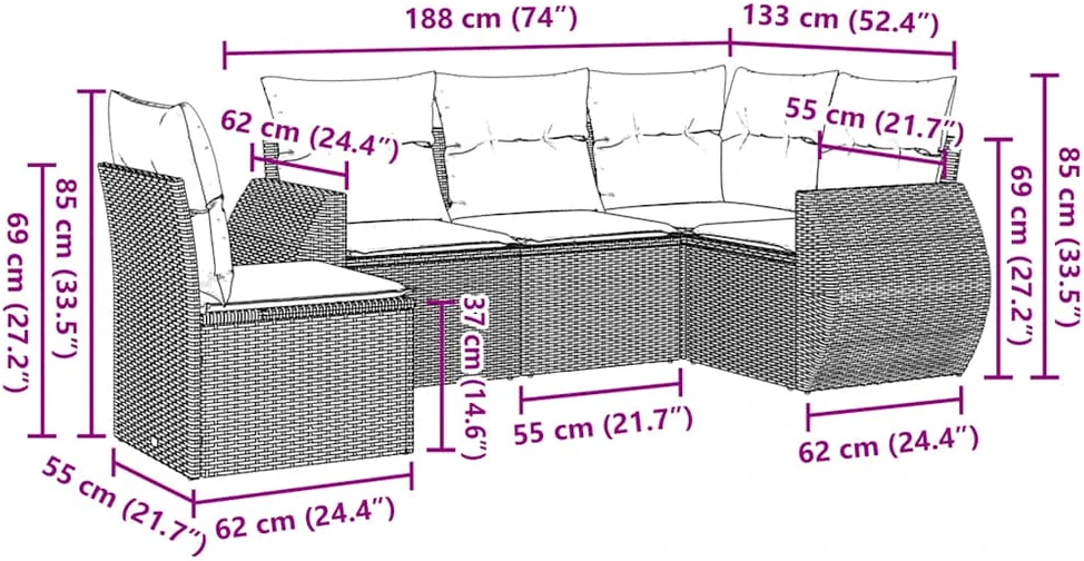 Sofa Sofos komplektas su pagalvėlėmis, 5 dalių, pilkas, poliratanas