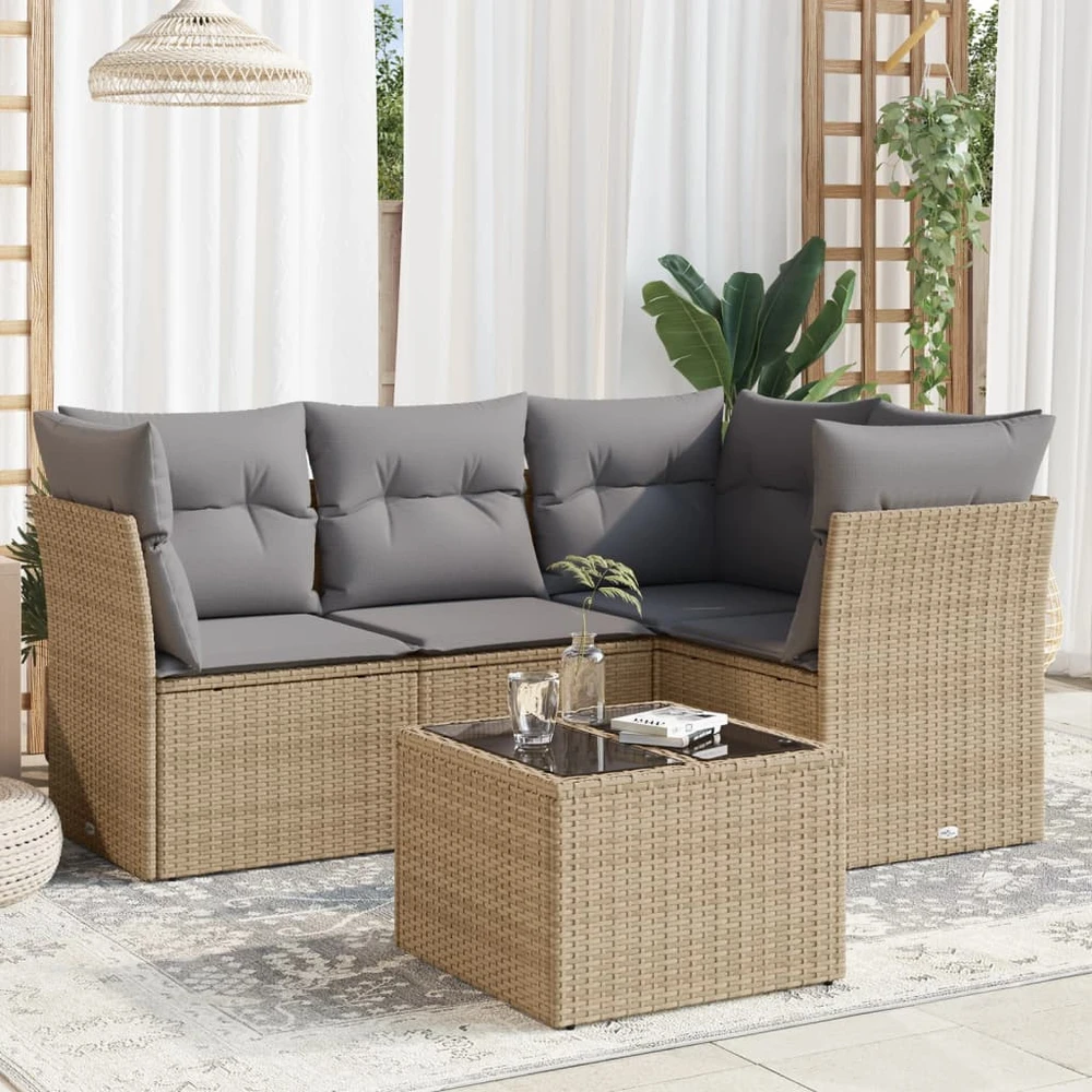 Sofa Sofos komplektas su pagalvėlėmis, 5 dalių, smėlio, poliratanas
