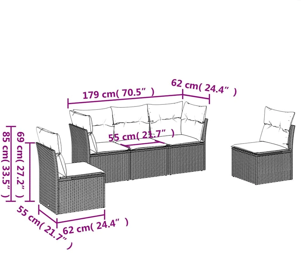 Sofa Sofos komplektas su pagalvėlėmis, 5 dalių, pilkas, poliratanas