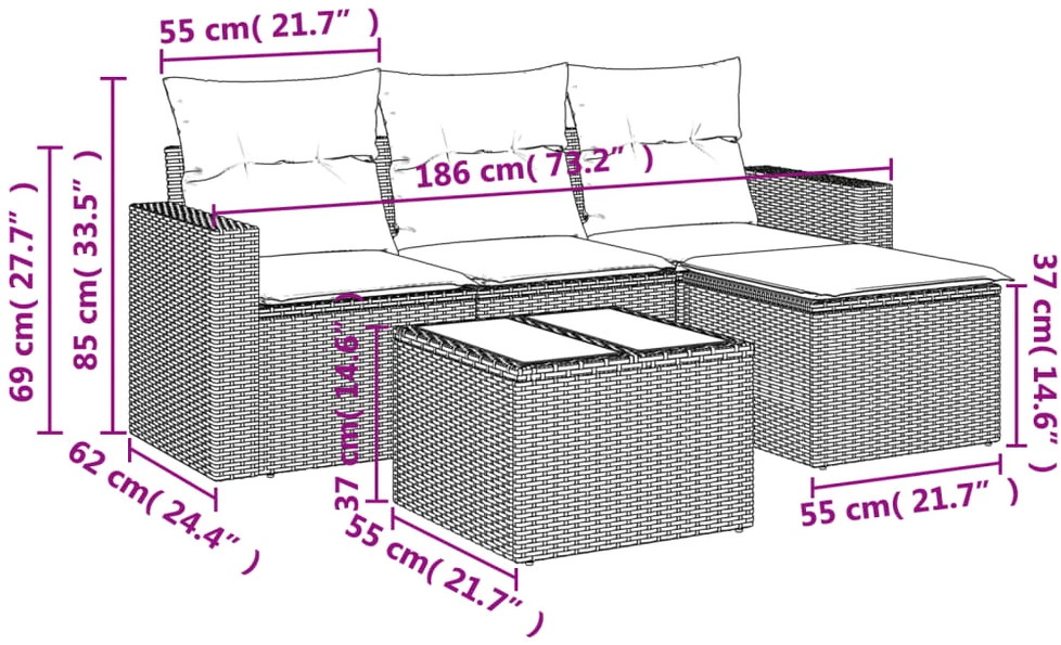 Sofa Sofos komplektas su pagalvėlėmis, 5 dalių, smėlio, poliratanas