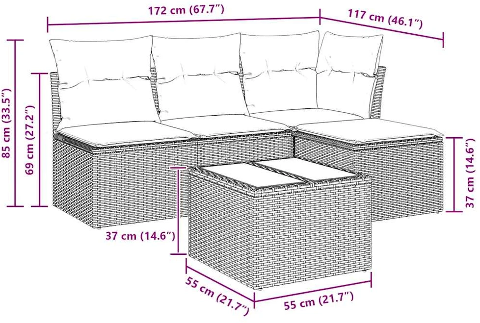 Sofa Sofos komplektas su pagalvėlėmis, 5 dalių, smėlio, poliratanas