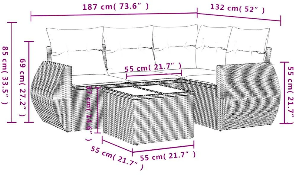 Sofa Sofos komplektas su pagalvėlėmis, 5 dalių, pilkas, poliratanas