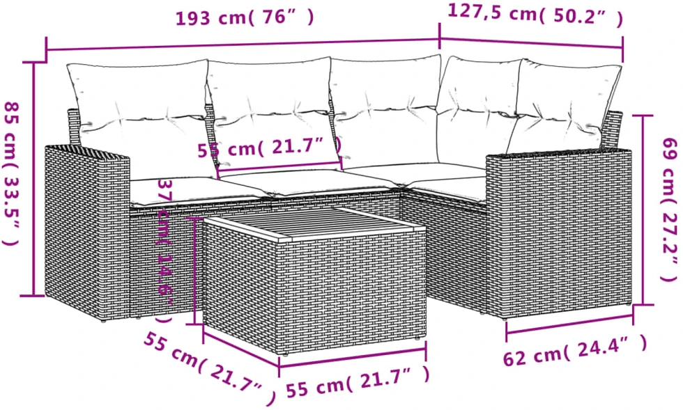 Sofa Sofos komplektas su pagalvėlėmis, 5 dalių, smėlio, poliratanas