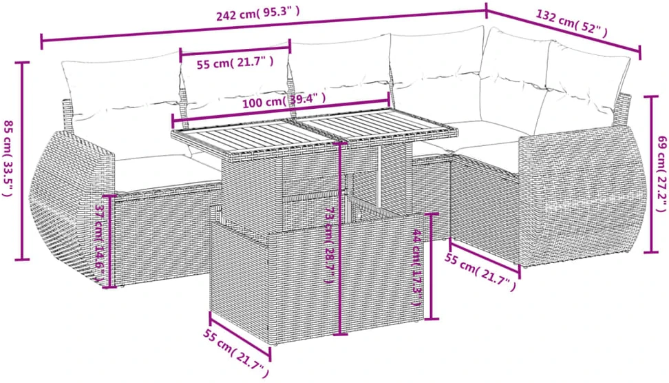 Lauko baldų komplektas Sofos komplektas su pagalvėlėmis, 6 dalių, juodas, poliratanas