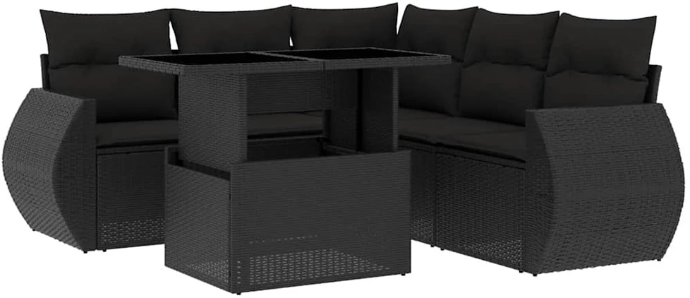 Lauko baldų komplektas Sofos komplektas su pagalvėlėmis, 6 dalių, juodas, poliratanas