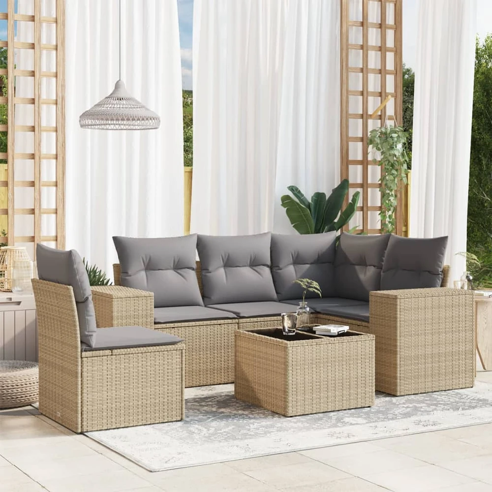 Sofa Sofos komplektas su pagalvėlėmis, 6 dalių, smėlio, poliratanas